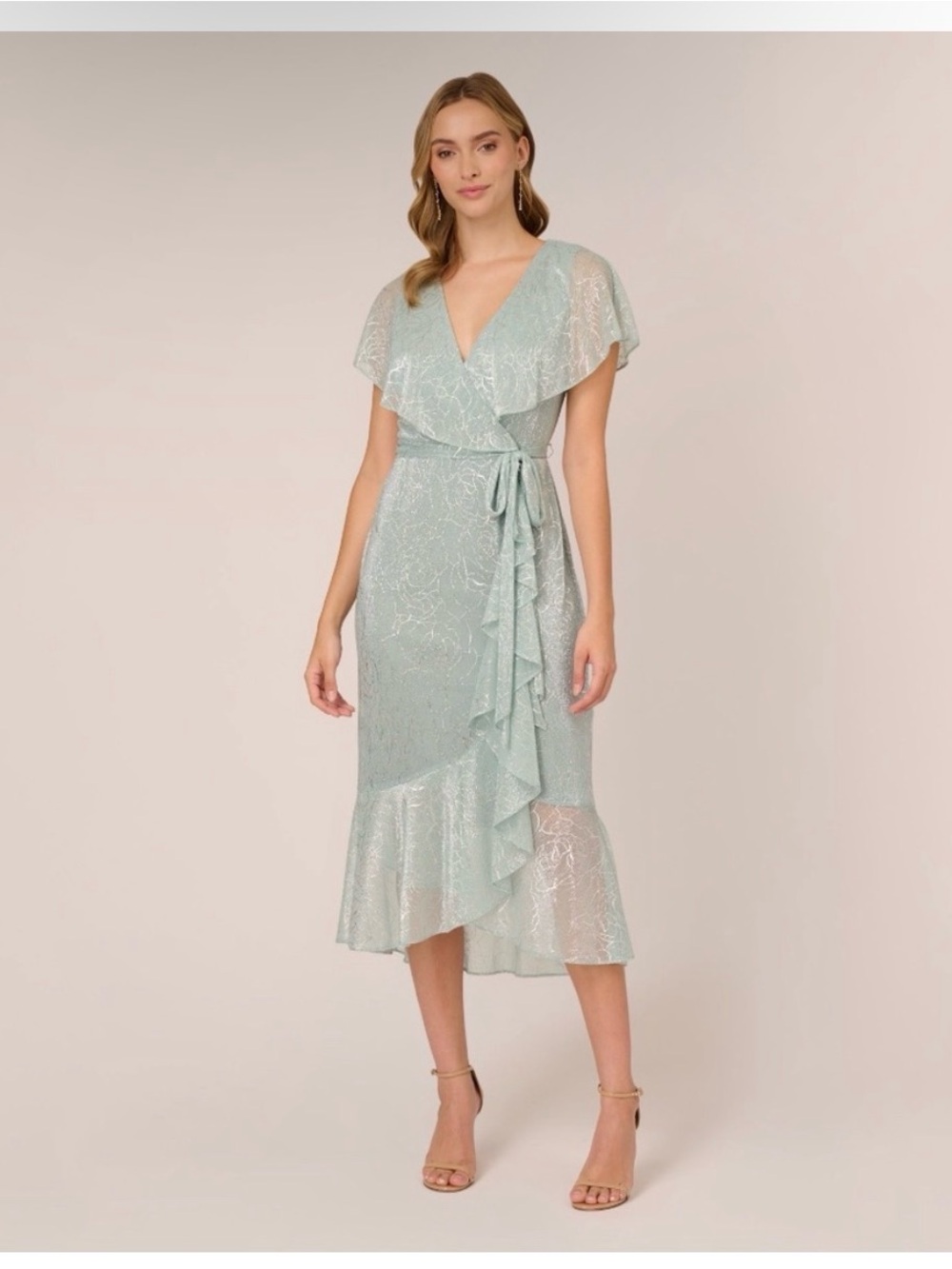 Adrianna Papell SZ 6 Seafoam Blue Green Metallic Floral GALA Midi Dress NWT MOB